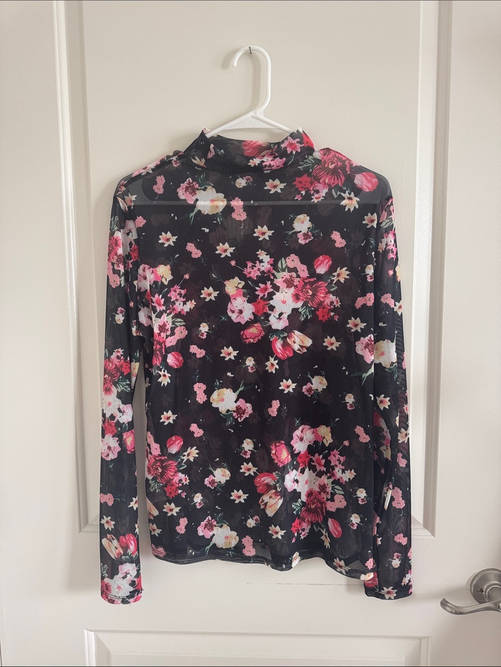 Women's Floral Mock Neck Long Sleeve Top - Black with Pink Floral